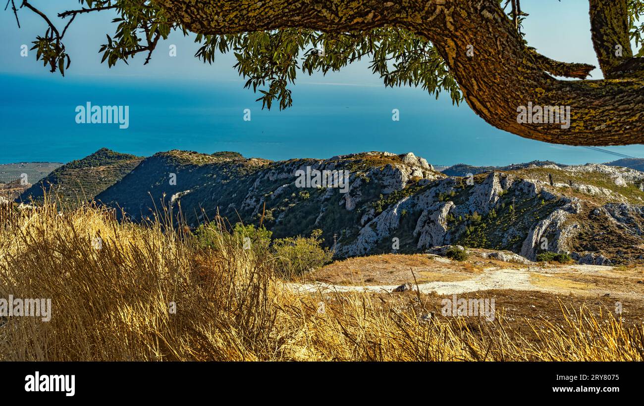 Sunny landscape of the hills that slope down to the sea in Puglia. Manfredonia, Puglia, Italy, Europe Stock Photo