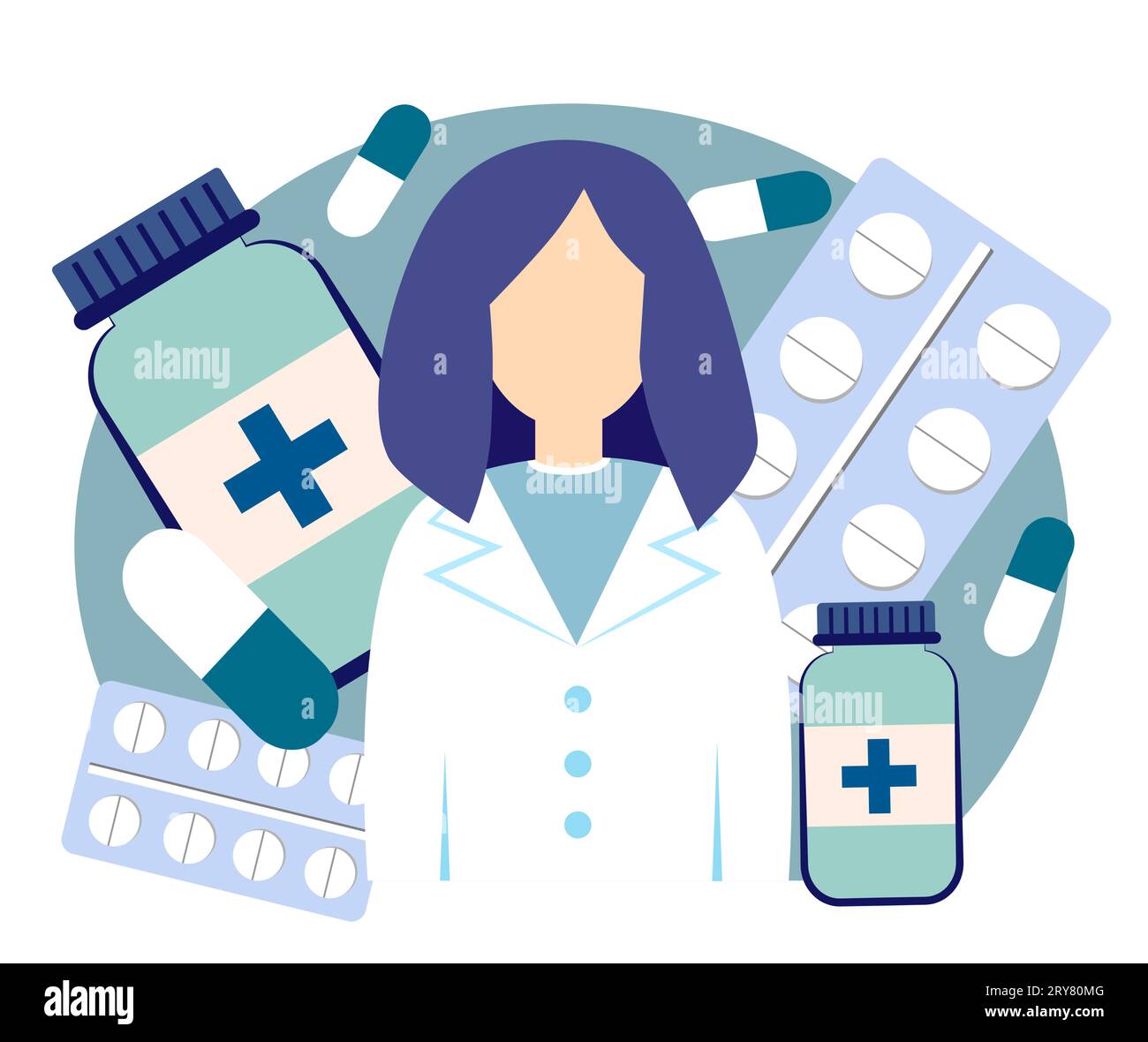 Pharmacist and medicines on a white background Stock Vector