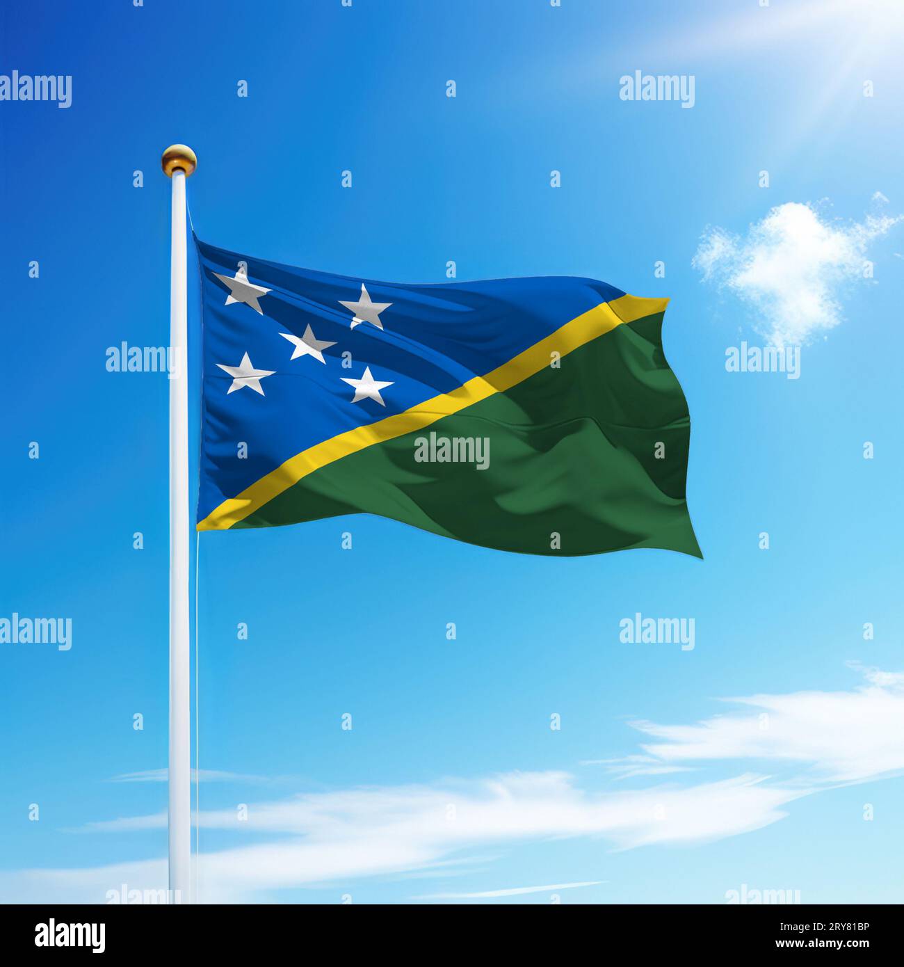 Waving flag of Solomon Islands on flagpole with sky background ...