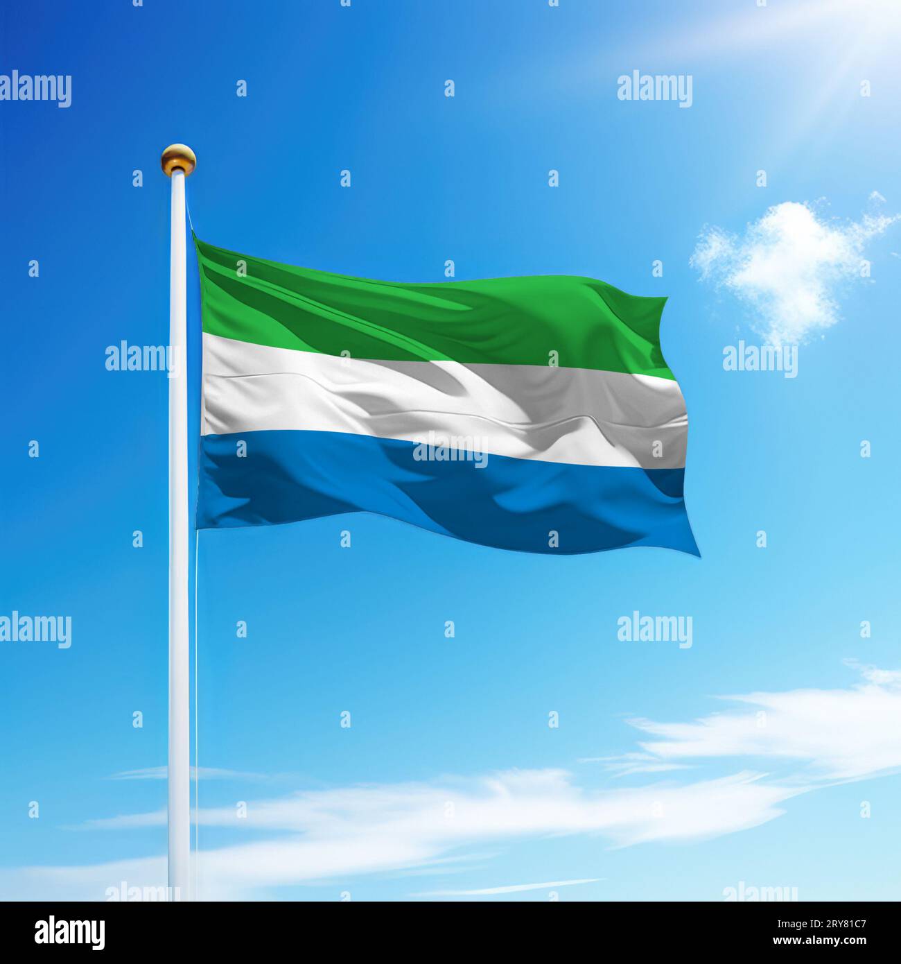 Waving flag of Sierra Leone on flagpole with sky background. Template ...