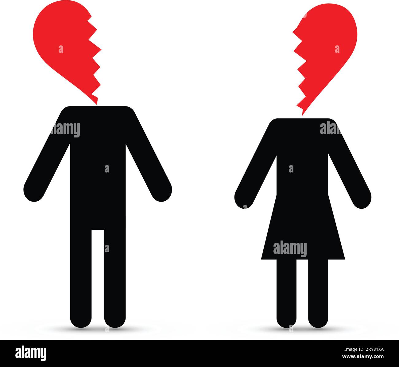 Silhouettes of a man and a woman with broken heart instead of head ...