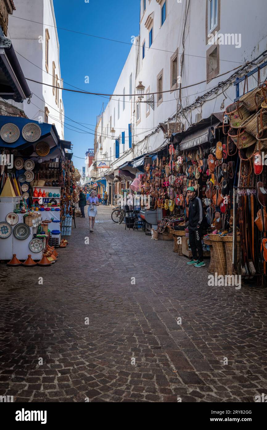 Essaouira, Morocco - August 3, 2023: In a narrow street in the historic