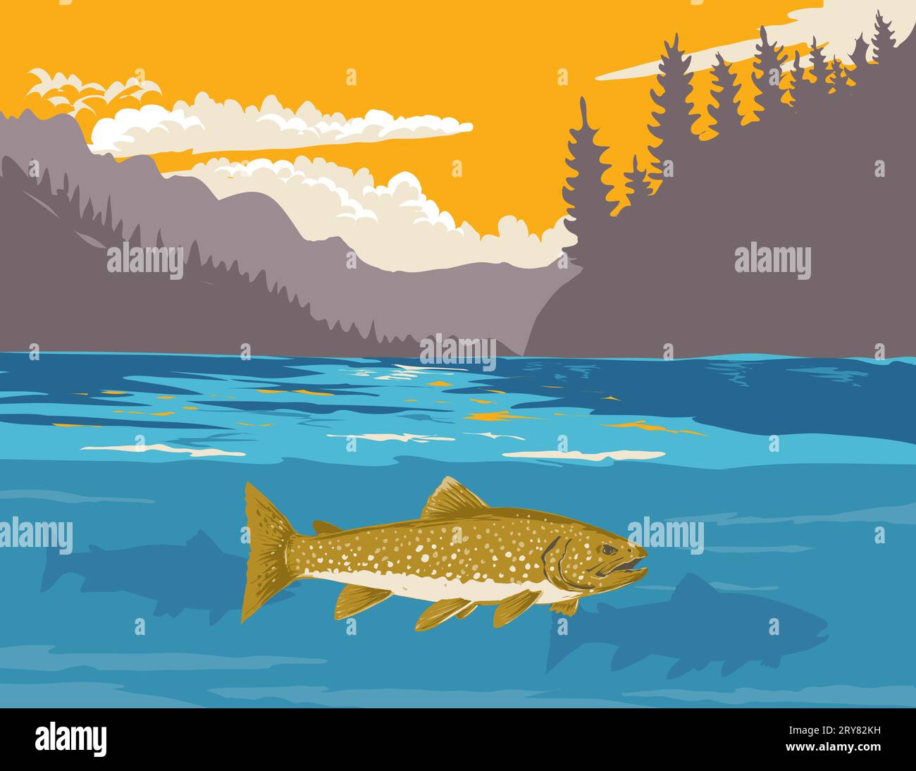 WPA poster art of a lake trout or Salvelinus namaycush in upper Missouri River at Gates of the Mountains in western Montana USA in works project admin Stock Photo