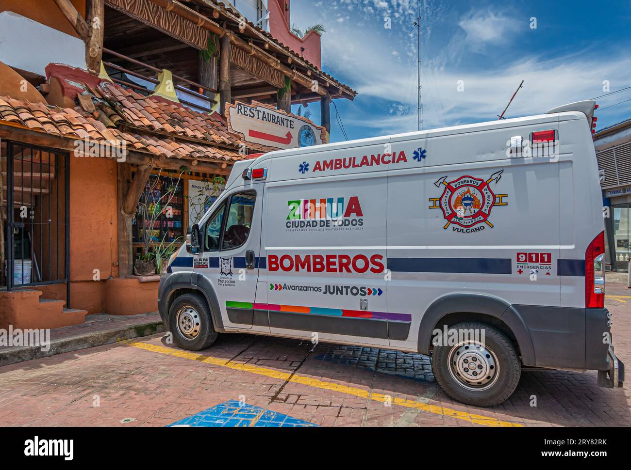 Zihuatanejo, Mexico July 18, 2023 Fire Brigade Ambulance van parked
