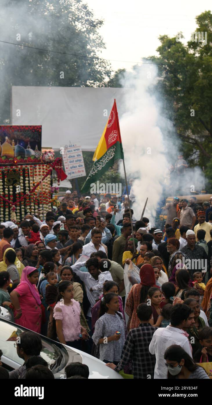 Rajkot, India. 29th September, 2023. potrait image of the Eid-e-Milad procession many people gathered. Credit: Nasirkhan Davi/Alamy Live News Stock Photo