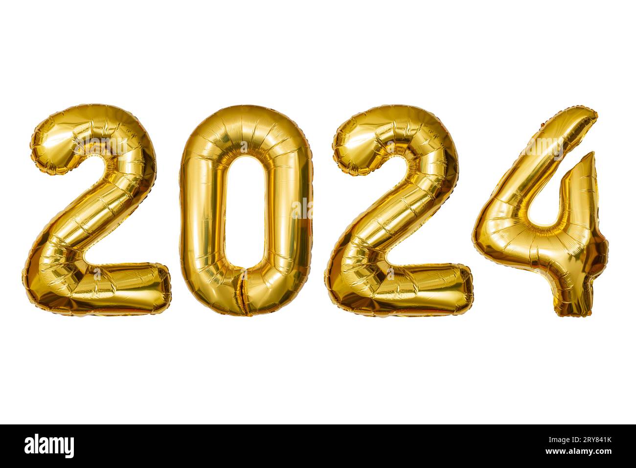 New Year 2024 celebration. Golden tin foil  balloons, 2024 numbers Isolated white background. Stock Photo