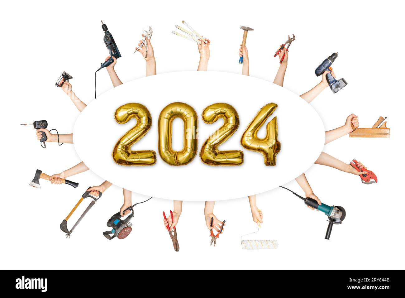 Hands holding multiple tools surrounding 2024 new year number made from golden balloons, hardware store holiday sign Stock Photo