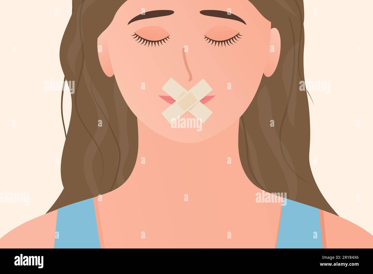 young unhappy, upset woman with taped mouth; concept of domestic violence, lack of freedom, inability to speak- vector illustration Stock Vector