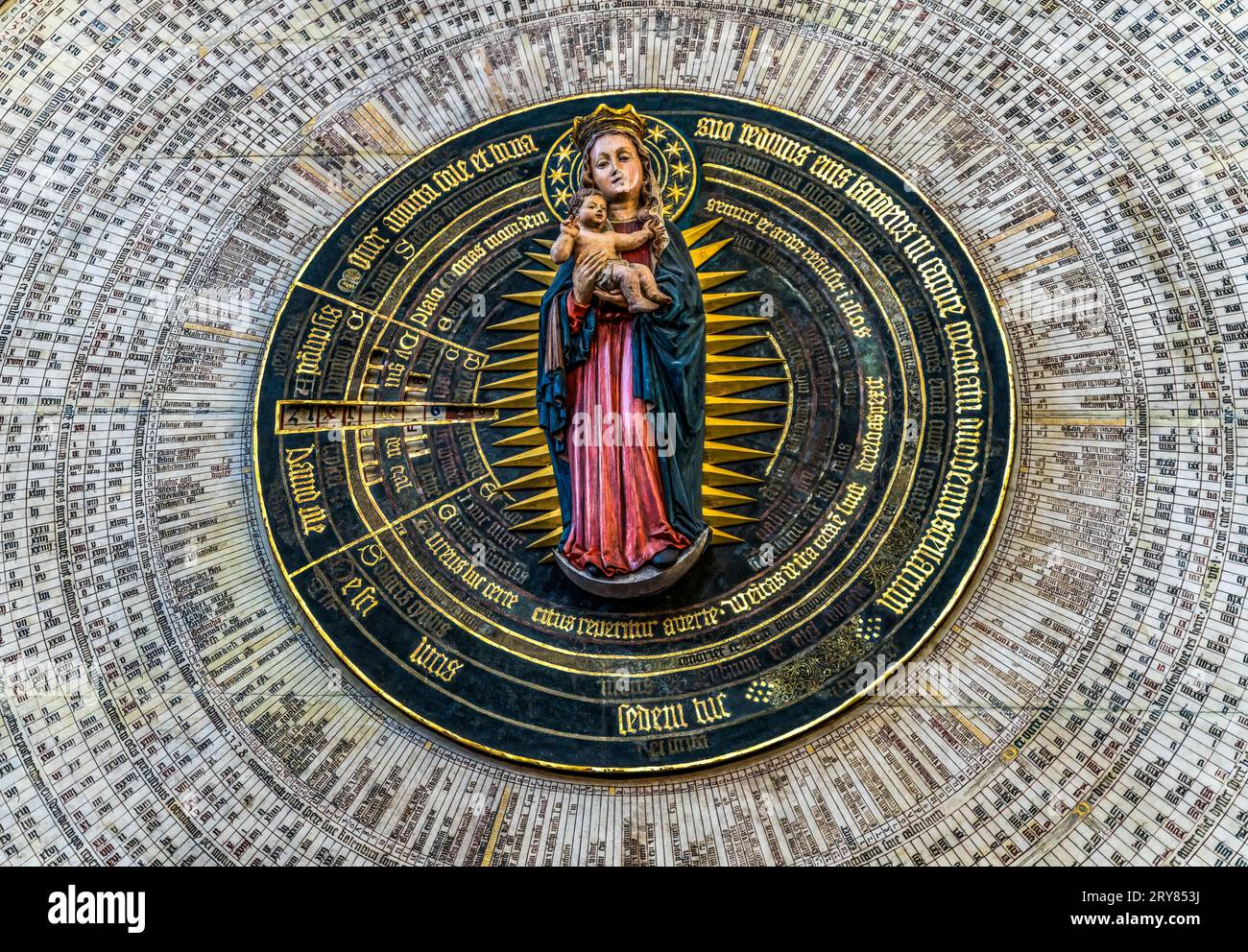 Virgin Mary Astronomical Clock St Mary's Church Gdansk Poland. Clock work of Hans Duringer 1470. Mary Jesus Center of Calendar Saints Days. Church org Stock Photo