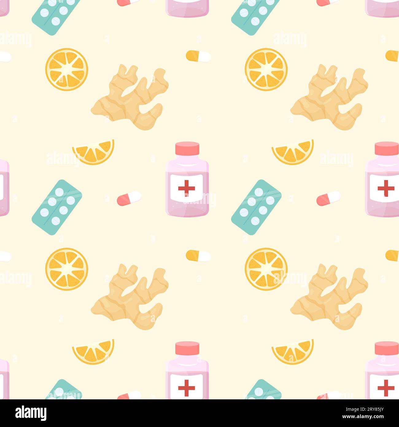 Seamless pattern of ginger tablets, syrup, lemon recovery and treatment. Vector illustration Stock Vector