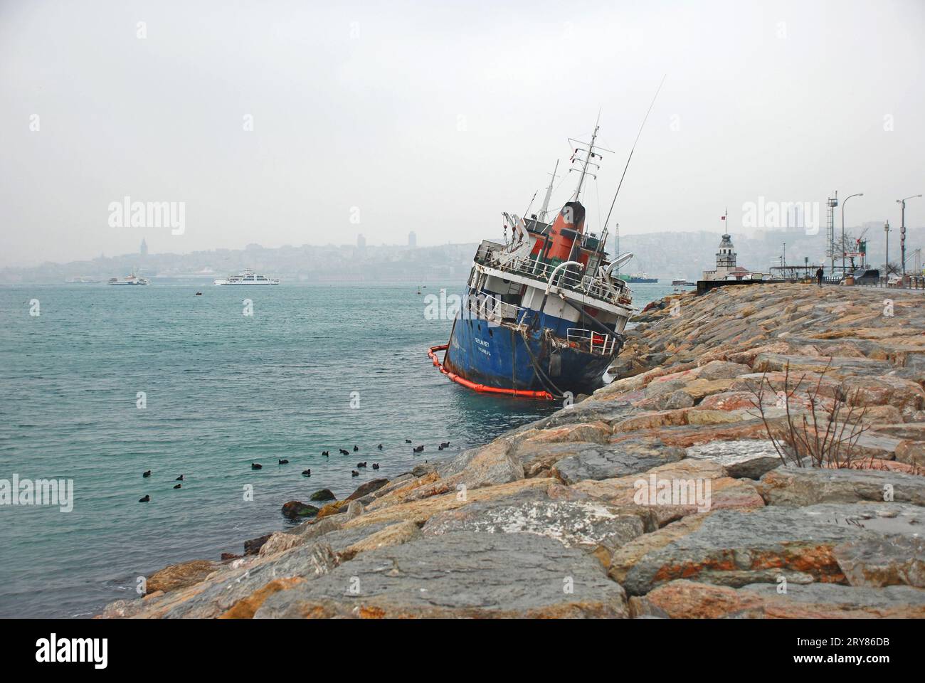 Sunken Ship , commercial ship washed ashore in Üsküdar , aground Stock