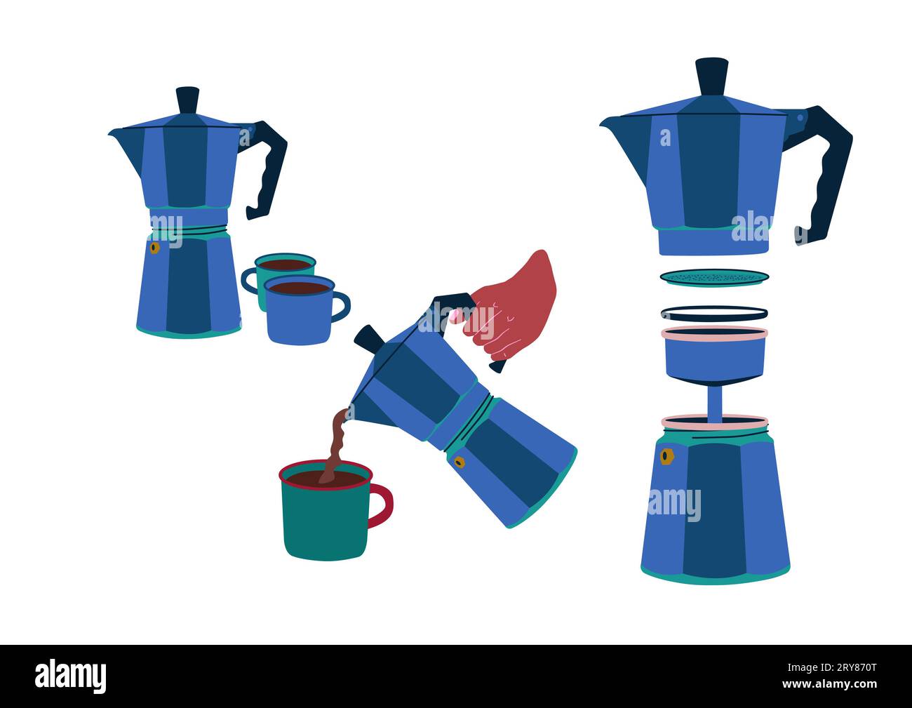 Set of illustrations of coffee pots. Italian coffee pot with hand