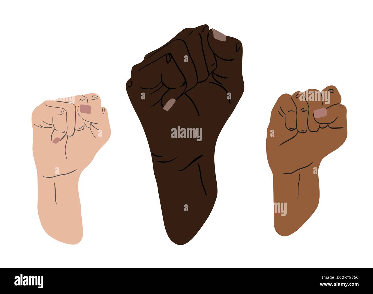 Illustration of several arms with raised cuffs. Fists in various skin tones. Concepts of diversity, strength, tolerance, equality, unity, partnership, Stock Photo