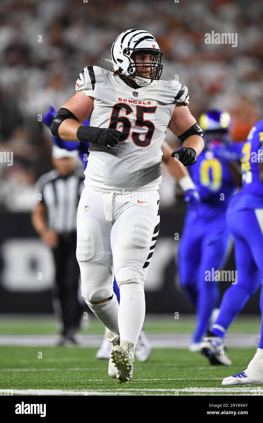 Cincinnati Bengals guard Alex Cappa (65) runs for the play during an NFL football game against