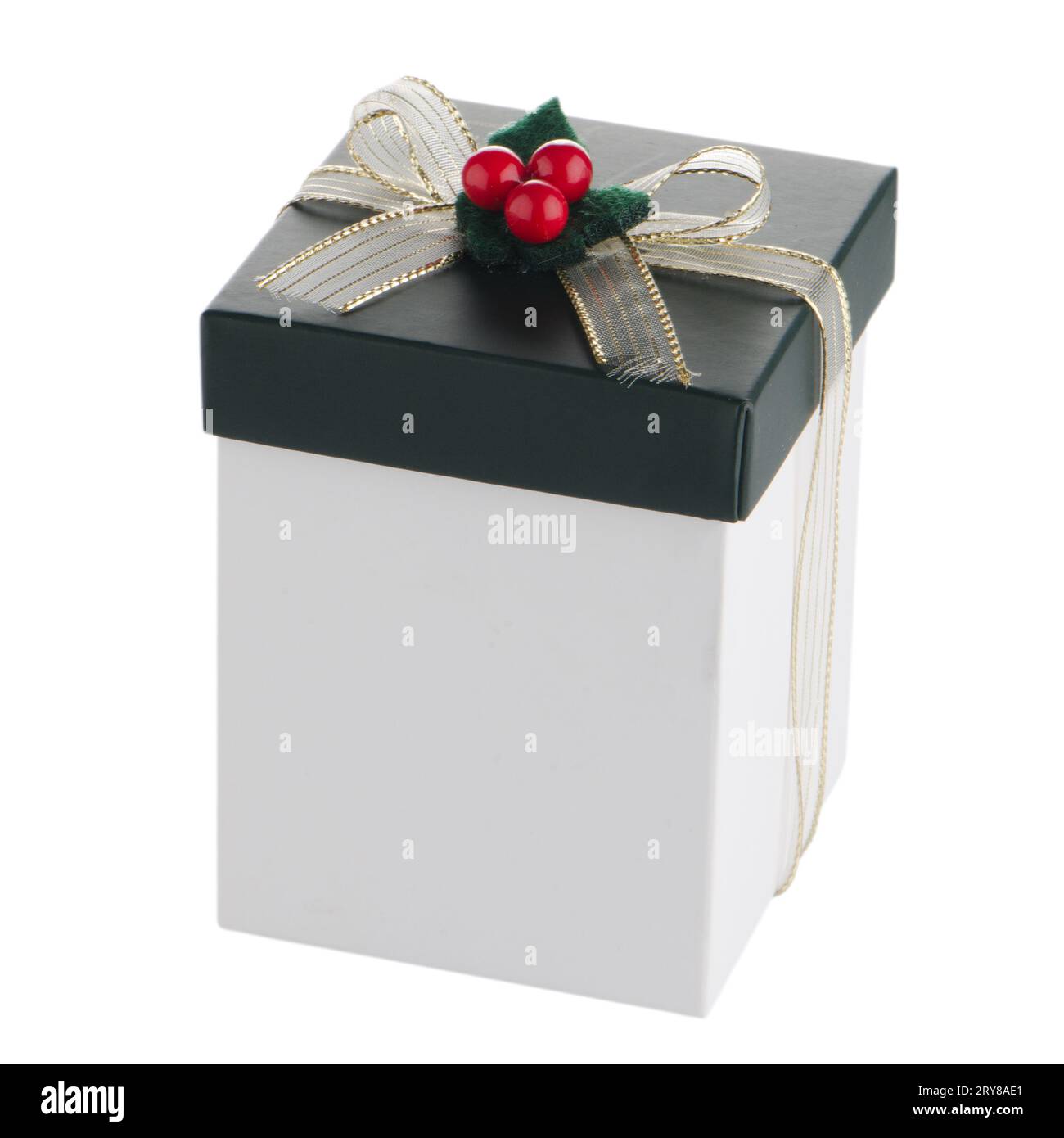 White and green box with gold bow Stock Photo