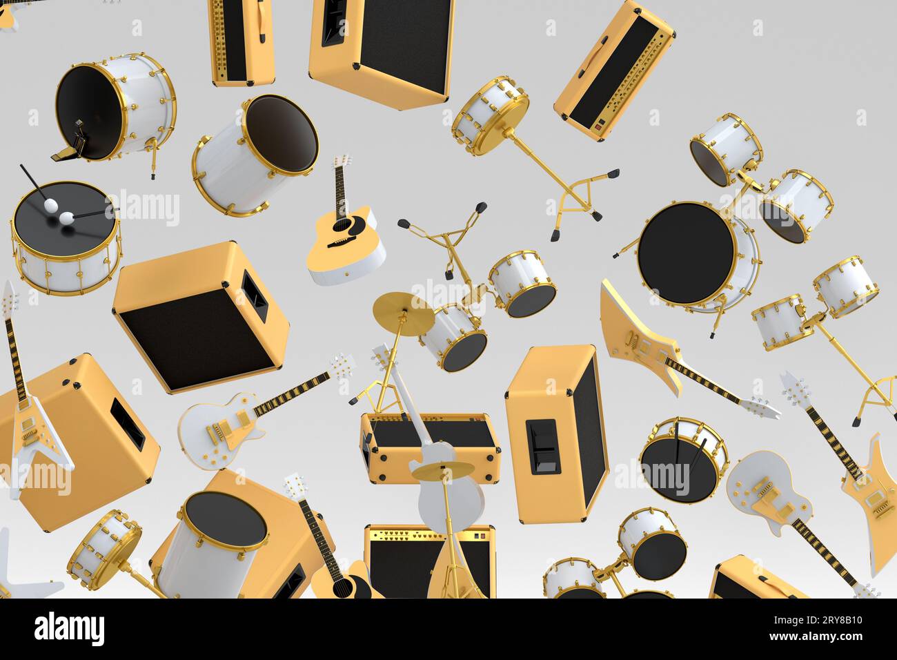 Many of flying acoustic guitars, drums with metal cymbals or drumset