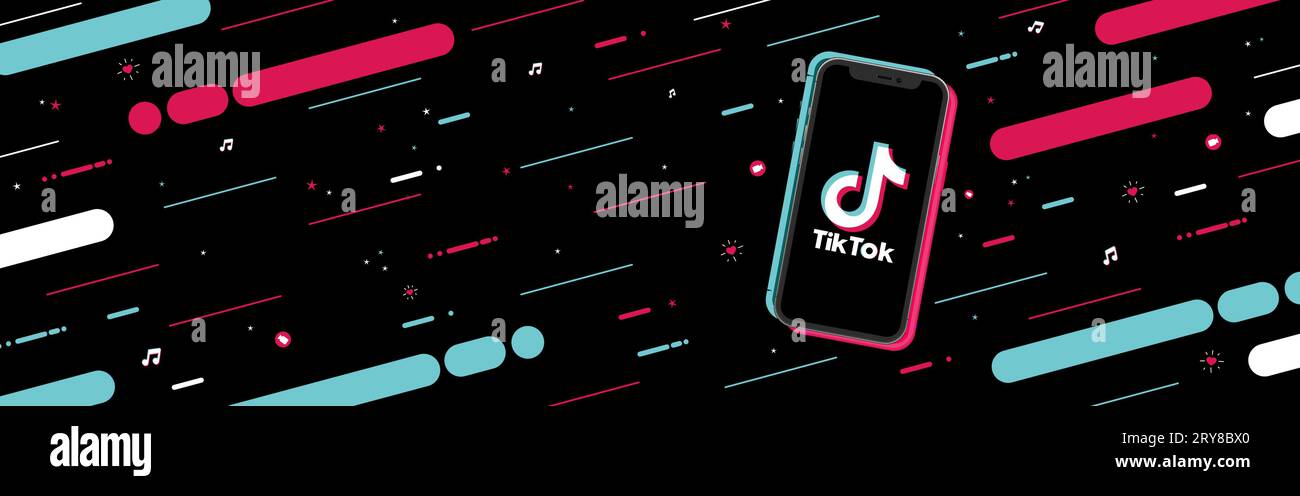 Tik Tok banner with copyspace. Logo on the screen phone with a modern ...
