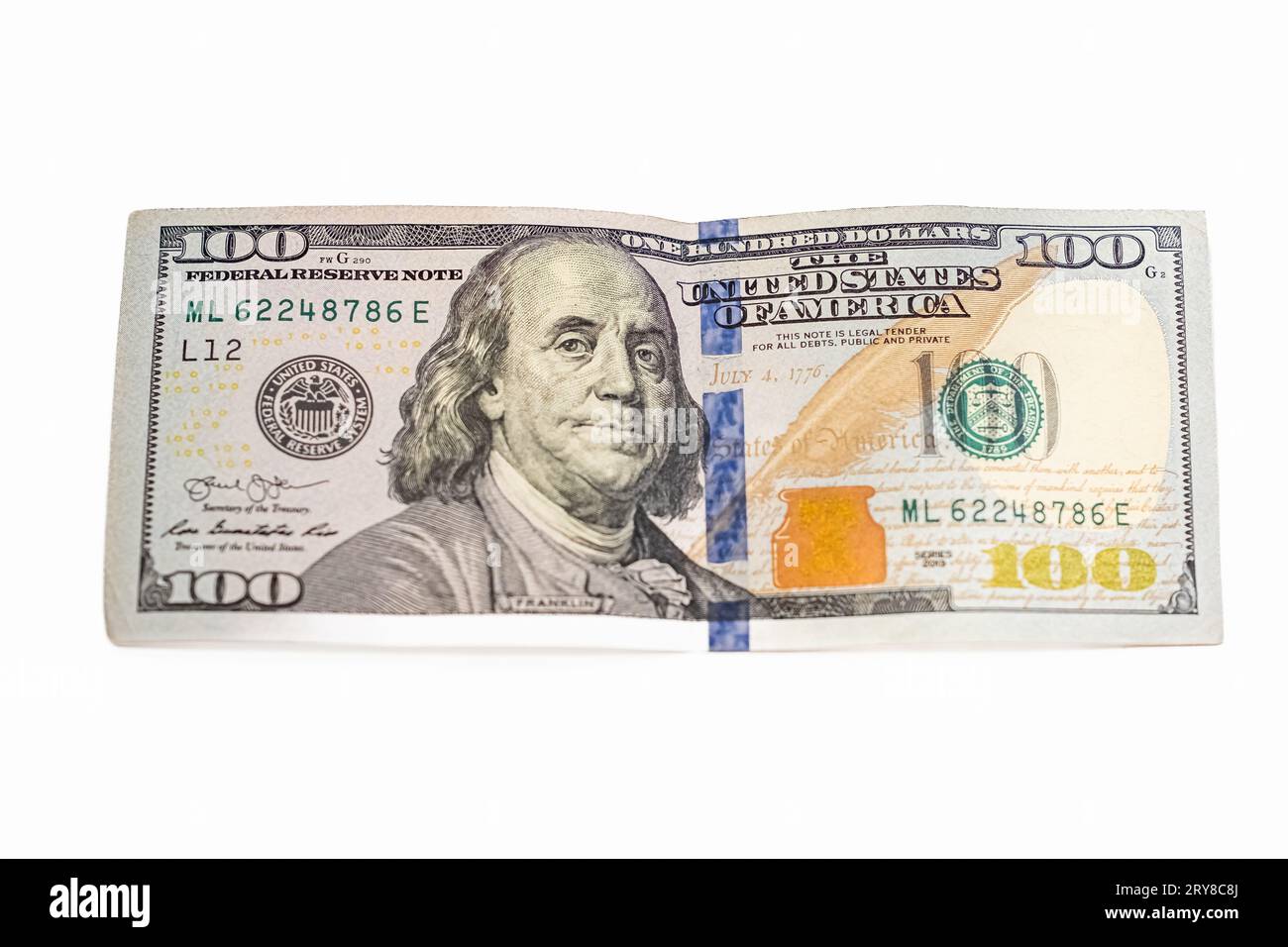 Portrait of Benjamin Franklin from one hundred dollars bill new edition. Currency US dollar banknotes close-up. Hundred redesigned American dollars. T Stock Photo