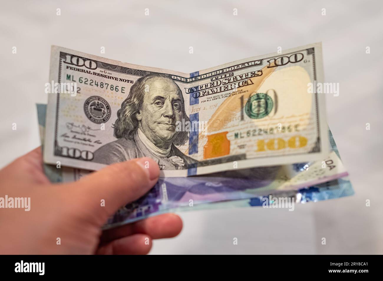 US American dollars vs Canadian dollars, which are important for board trading between these neighboring countries. Trading between USA and Canada. Cu Stock Photo
