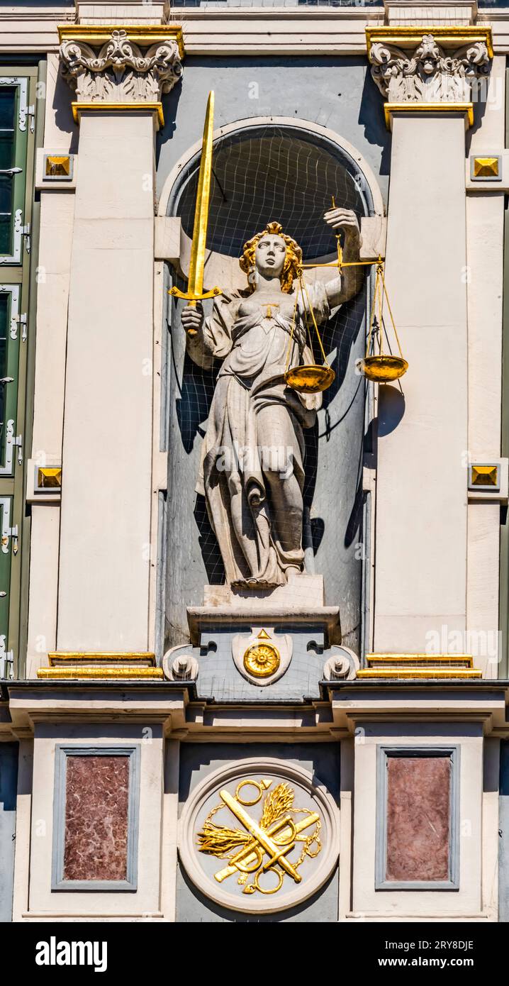 Colorful Justice Statue Artus Court Statues Facade Long Main Square Gdansk Poland. Court built