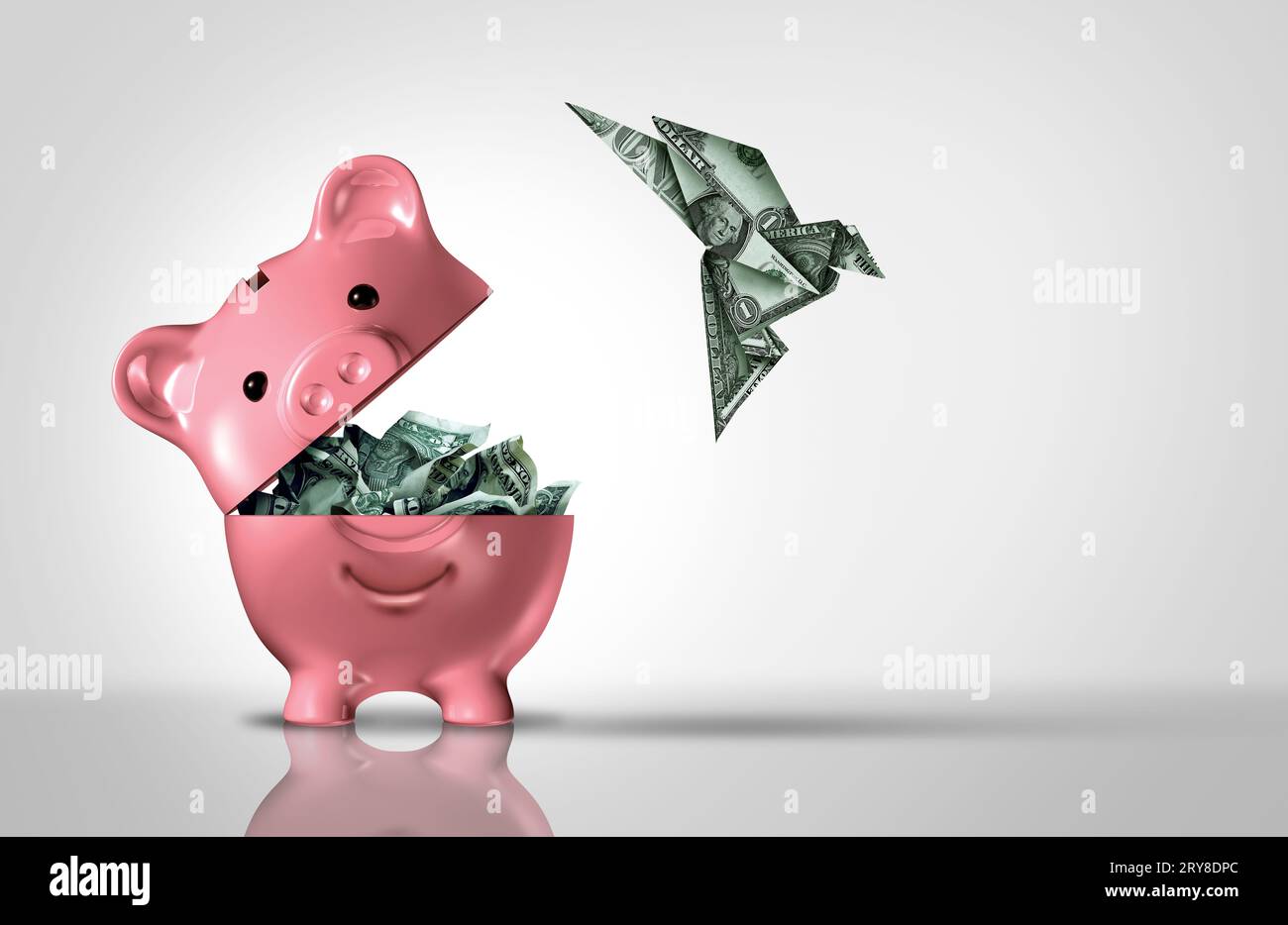 Vanishing savings as a bank and banking symbol of transferring money or losing wealth as a piggy-bank with origami dollar representing inflation Stock Photo