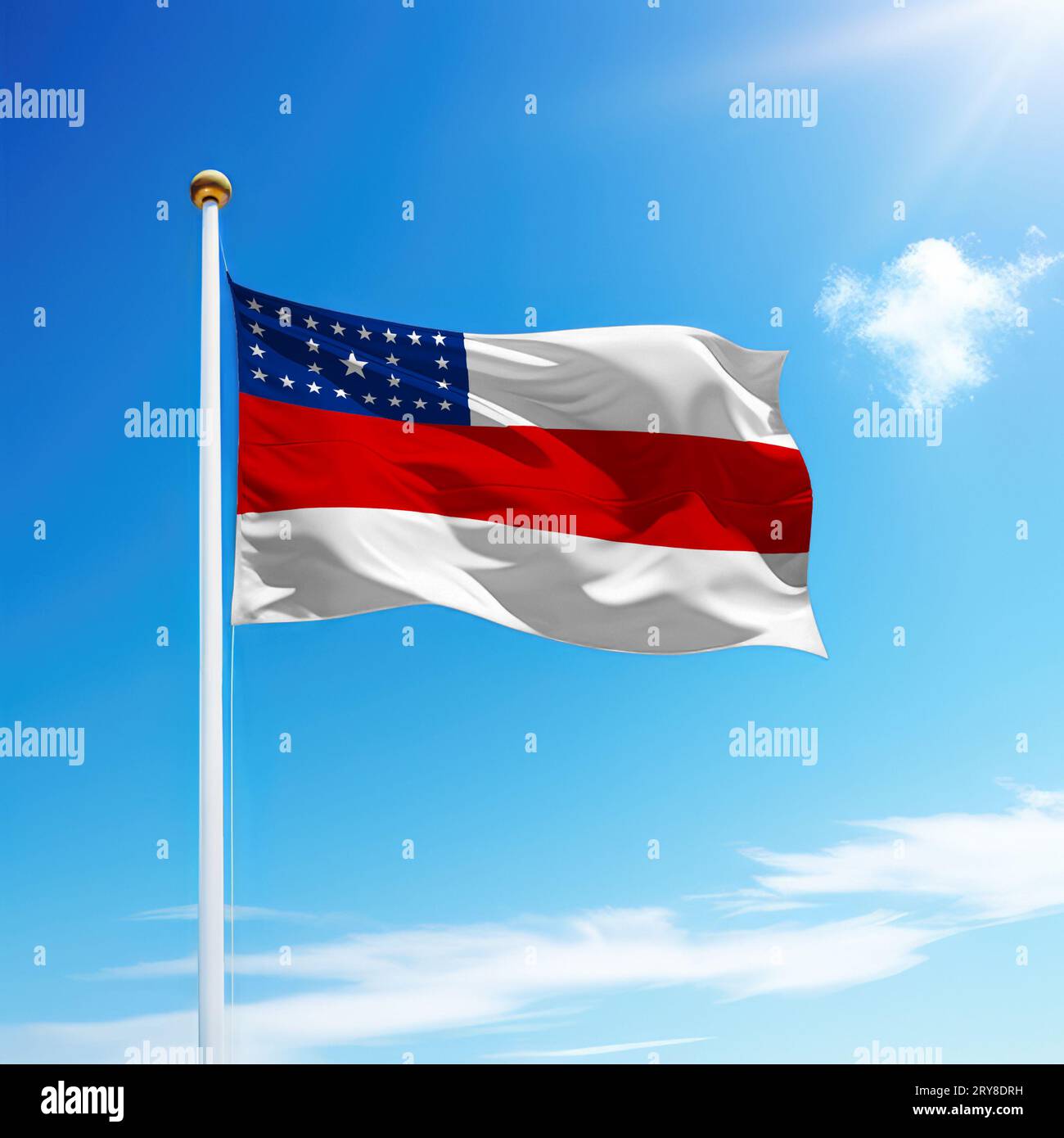Waving flag of Amazonas is a state of Brazil on flagpole with sky background. Stock Photo