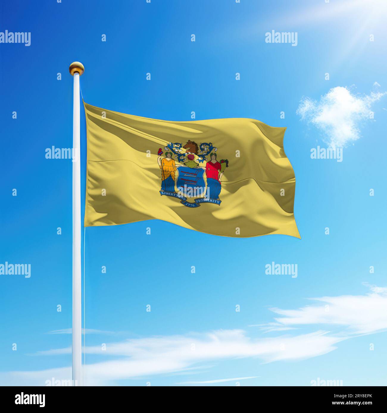 Waving flag of New Jersey is a state of United States on flagpole with ...