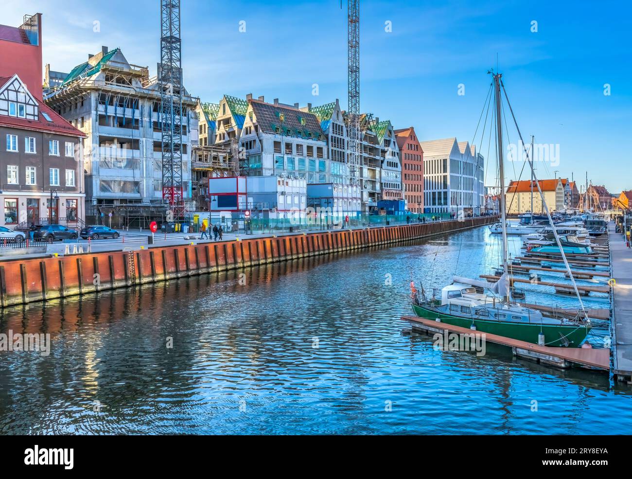 Colorful Yachts Sailboats Inner Harbor Port Motlawa River Historic Old Town of Gdansk Poland. City formerly known as Danzig. Stock Photo