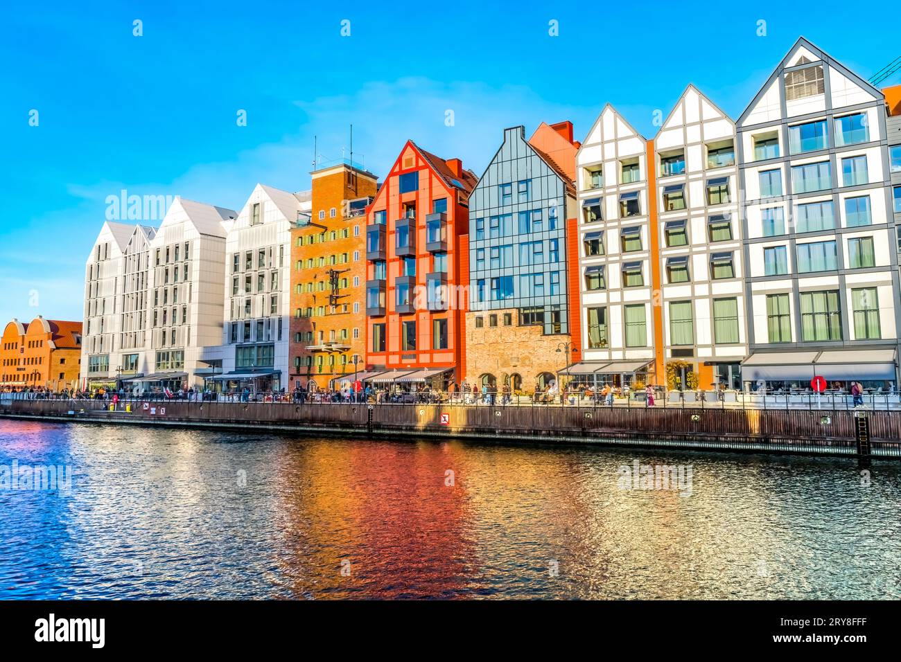 Colorful Inner Harbor Port Motlawa River Historic Old Town of Gdansk Poland. City formerly known as Danzig. Stock Photo