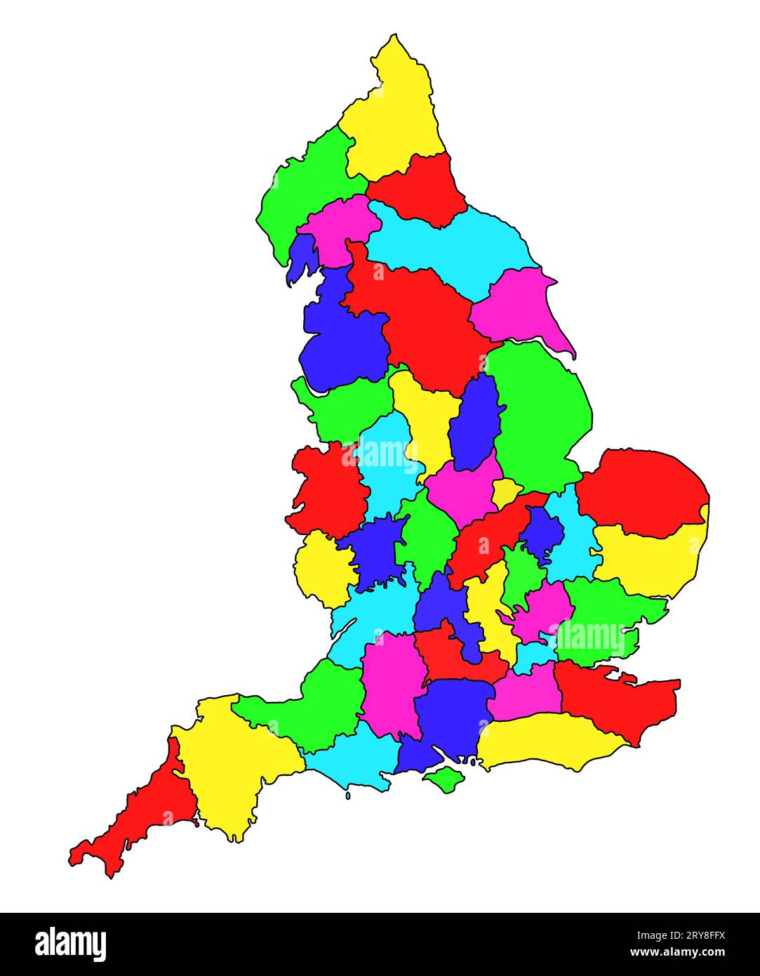 colorful Map of England with borders of the ceremonial counties and