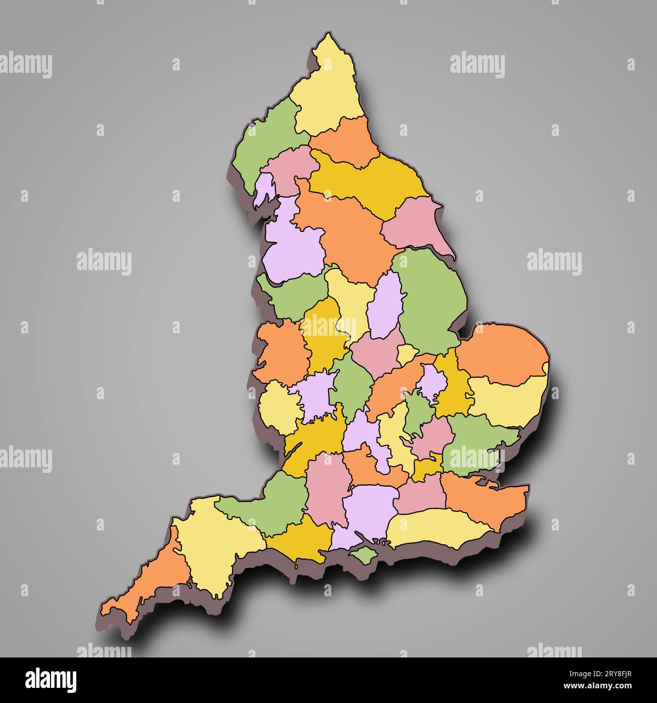 3d Map of England with borders of the ceremonial counties and different