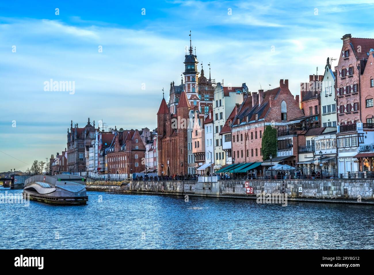 Colorful Boat Inner Harbor Port Motlawa River Historic Old Town of Gdansk Poland. City formerly known as Danzig. Stock Photo