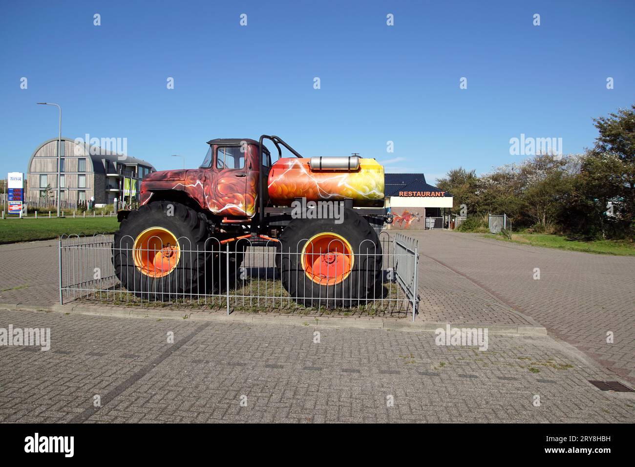 Sint Maartenszee. Netherlands, September 23, 2023. Monster truck ZIL-131 in the parking lot at De Goudvis (Goldfish) Atraction Park and cafeteria Stock Photo