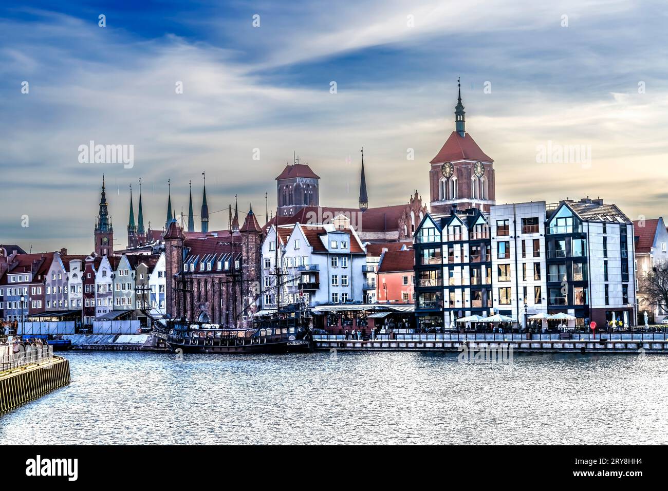 Colorful Inner Harbor Port Motlawa River Historic Old Town of Gdansk Poland. City formerly known as Danzig. Stock Photo