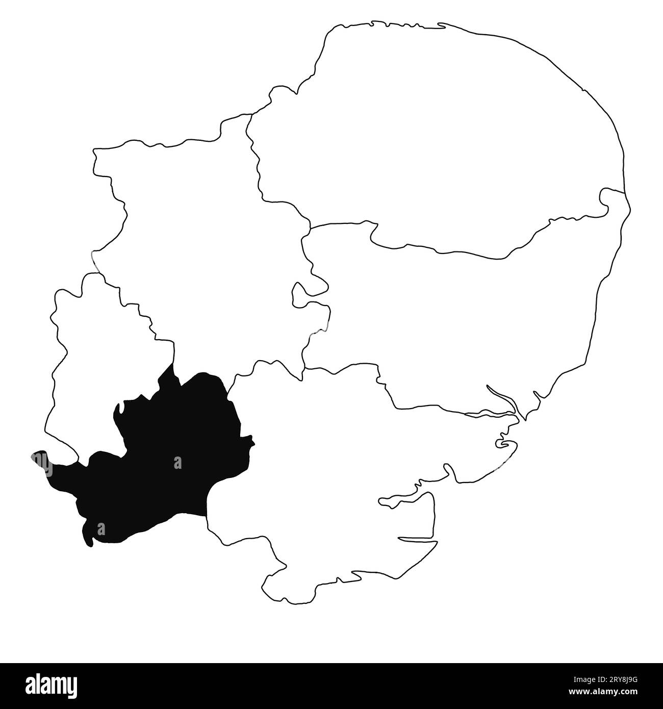 Map of Hertfordshire in East of England province on white background. single County map highlighted by black colour on East of England administrative Stock Photo