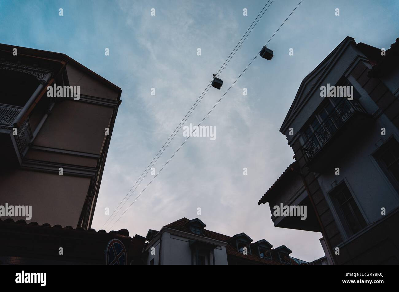 cable car at blue cloudy sky background, Tbilisi Georgia Stock Photo ...