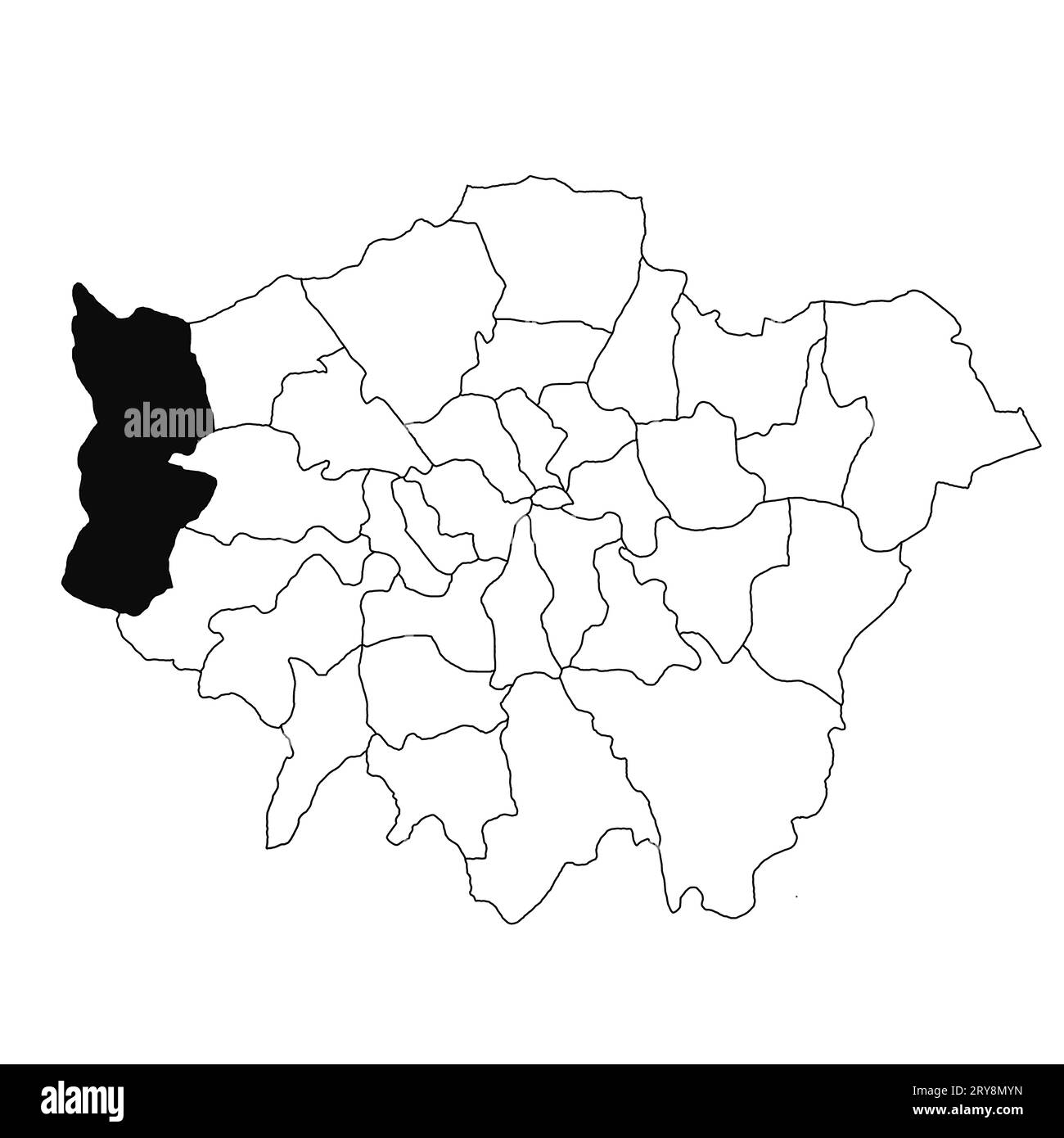 Map of Hillingdon in Greater London province on white background. single County map highlighted by black colour on Greater London, England administrat Stock Photo