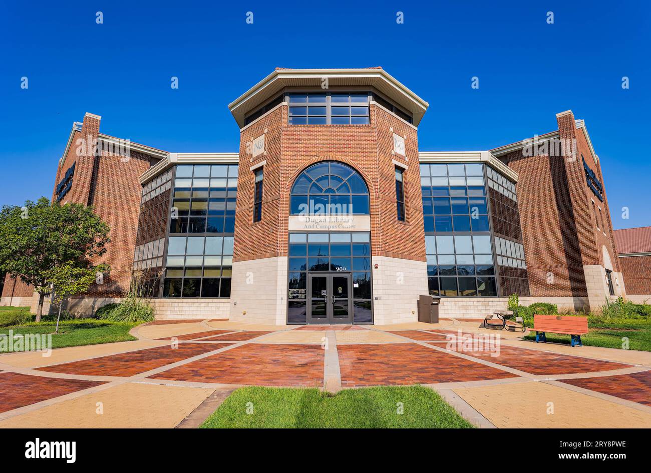 Kansas, SEP 17 2023 - Sunny exterior view of the Dugan Library and Campus Center Stock Photo