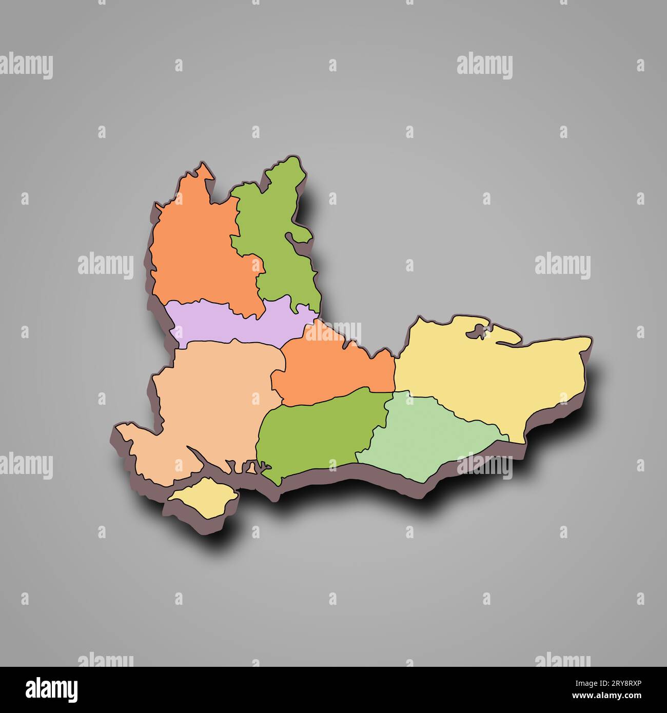 3d rendering High Quality outline map of South East England is a region of England, with borders of the ceremonial counties and different colour. Stock Photo