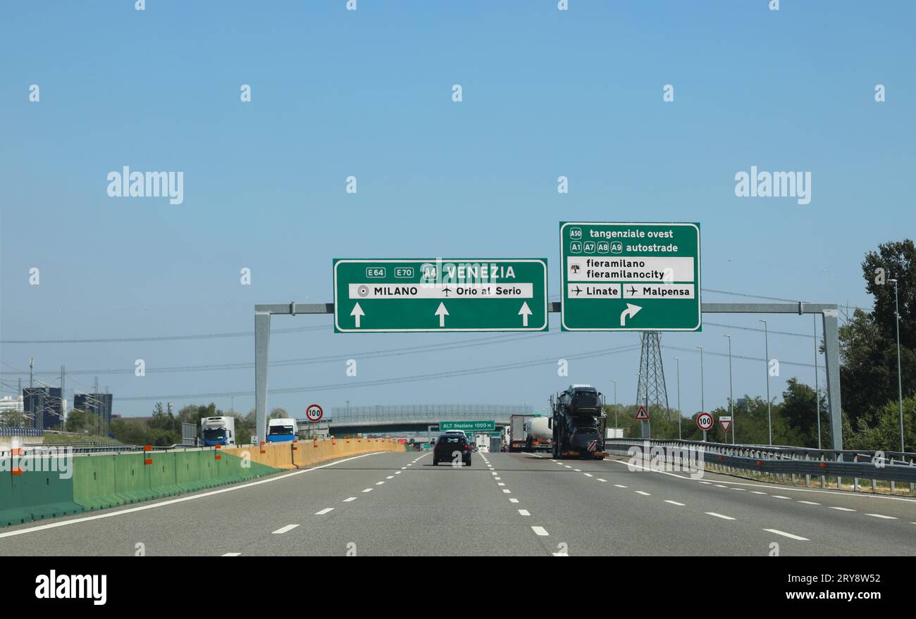 motorway junction with directions to the major Italian cities and road junctions Stock Photo