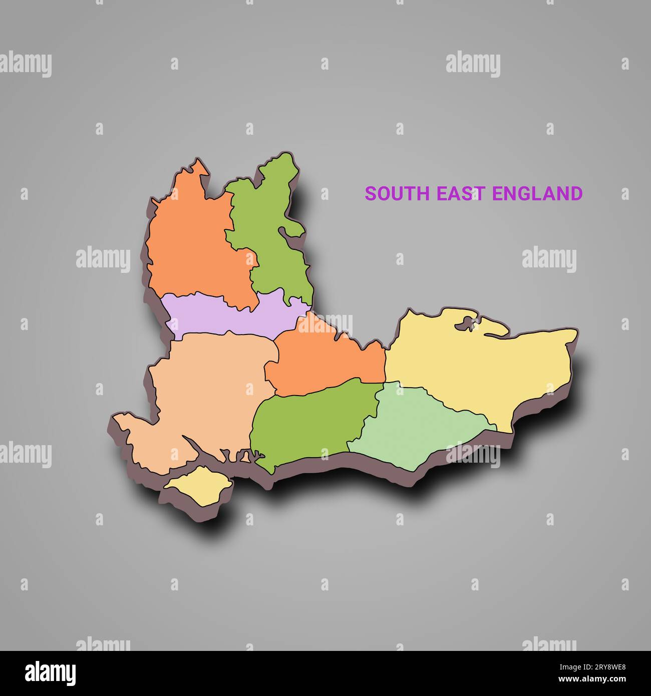 3d rendering High Quality outline map of South East England is a region of England, with borders of the ceremonial counties and different colour. Stock Photo