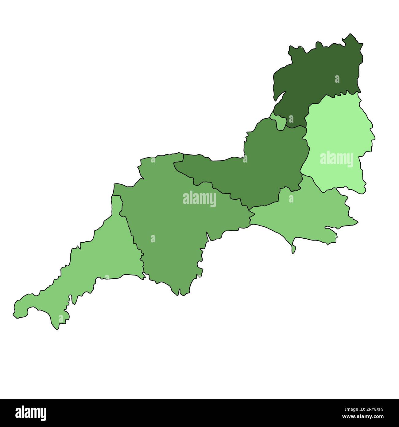 green map of South West England is a region of England, with borders of