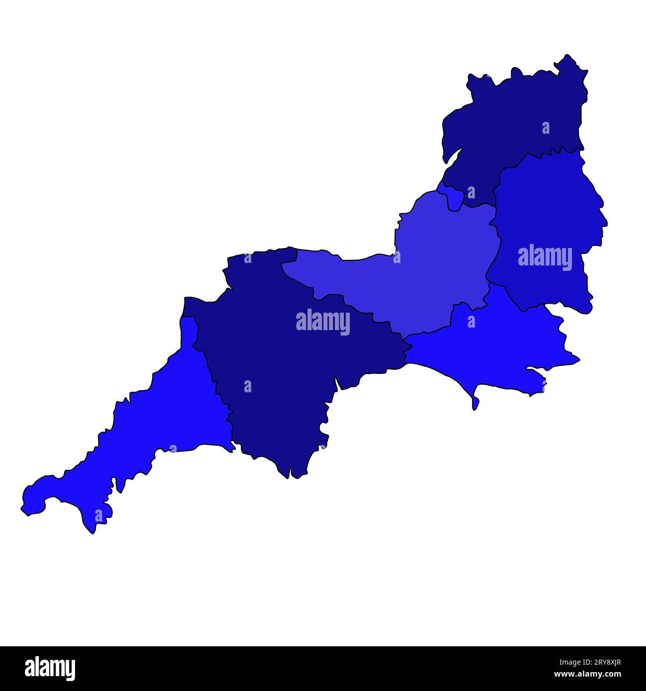 blue map of South West England is a region of England, with borders of ...