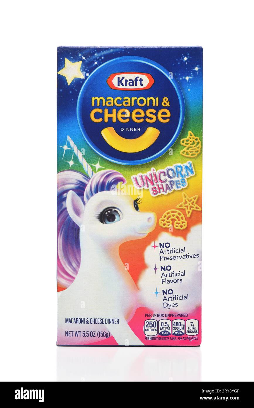 IRVINE, CALIFORNIA - 26 SEPT 2023: A box of Kraft Macaroni and Cheese Unicorn Shapes. Stock Photo