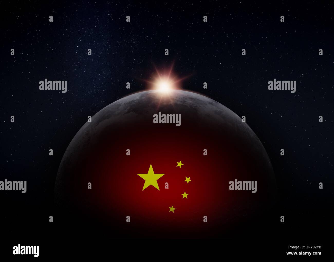 View of the dark hidden side of the Moon with the Chinese flag on it and the Sun behind it. Negative space for copy text. Elements of this image Stock Photo