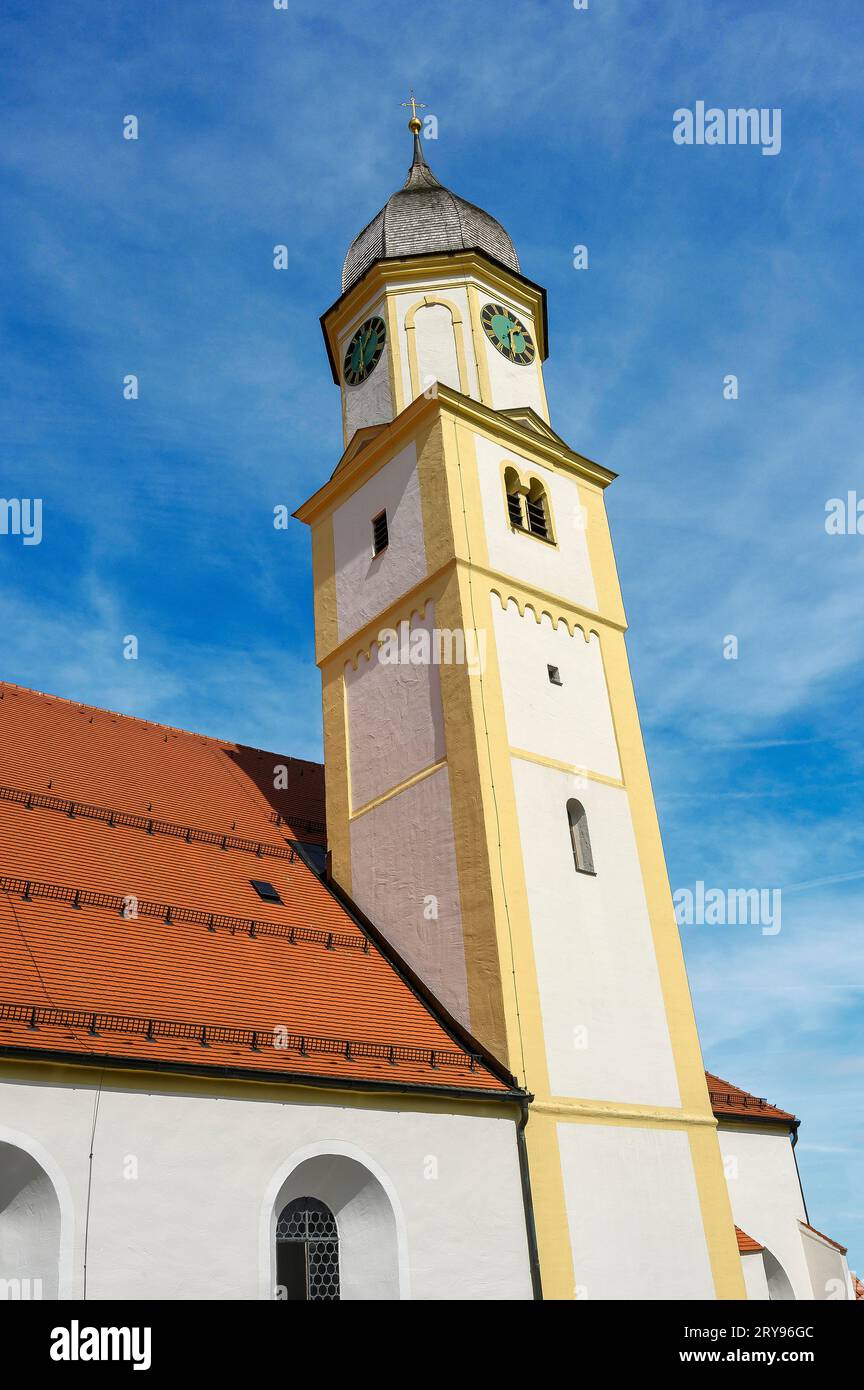 Church tower with clocks, Roman Catholic collegiate church of St. Philipp and St. Jakob, the present parish church is a listed building, Bad Stock Photo