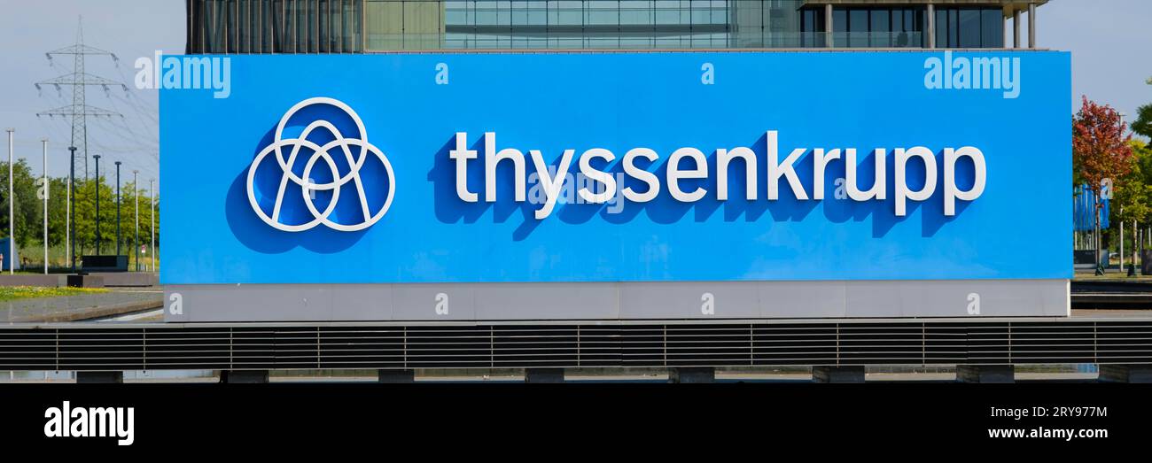 Shield and logo Thyssenkrupp, headquarters, Ruhr tech kampus Essen, Essen, Ruhr area, North Rhine-Westphalia, Germany Stock Photo