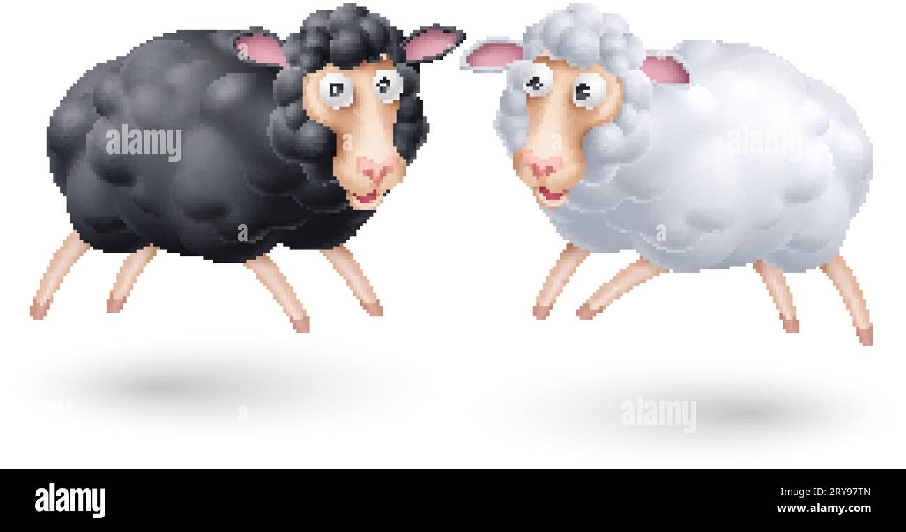Two Funny Jumping Rams Black and White Colors. Cartoon Illustration of