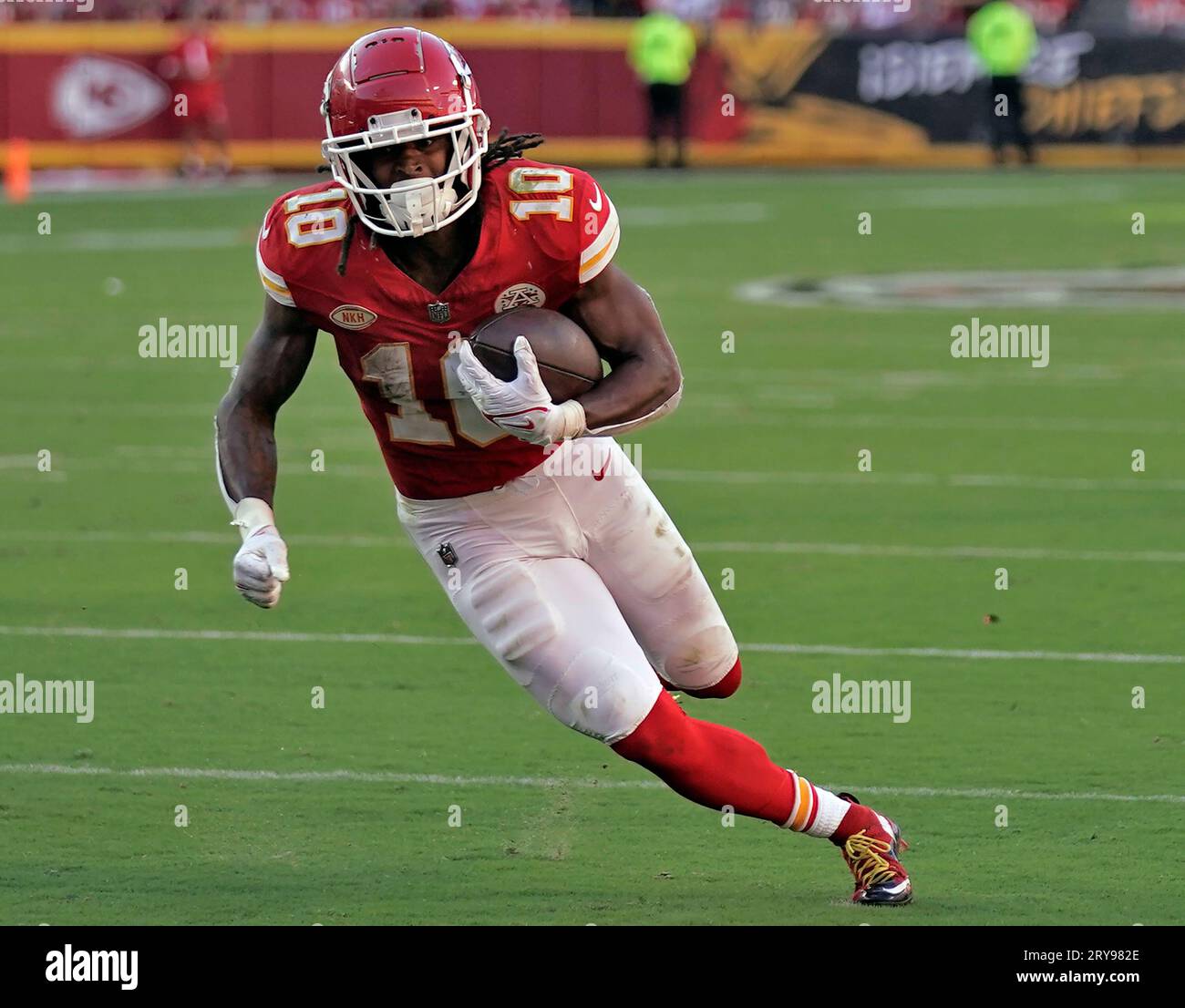 FILE - Kansas City Chiefs running back Isiah Pacheco runs the ball during  the second half of an NFL football game against the Chicago Bears, Sept.  24, 2023, in Kansas City, Mo.