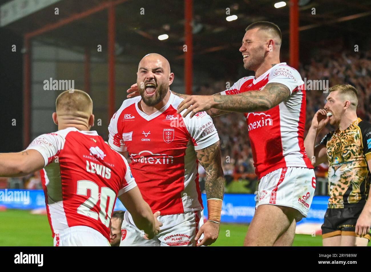 Sam Luckley #26 of Hull KR leads the celebration following his try during the Betfred Super League Eliminator match Hull KR vs Leigh Leopards at Sewell Group Craven Park, Kingston upon Hull,
